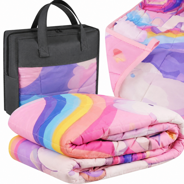 Patura senzoriala grea pentru copii, Zola, 3 kg, 150 x 100 cm, 7 straturi, microperle sticla, husa,  unicorni curcubeu