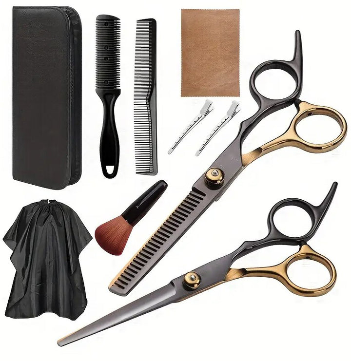 Set accesorii tuns, Zola, 10 piese, foarfeca dreapta si de filat, pelerina, perie, 2 piepteni, 2 clame, laveta curatare, husa, negru/ auriu