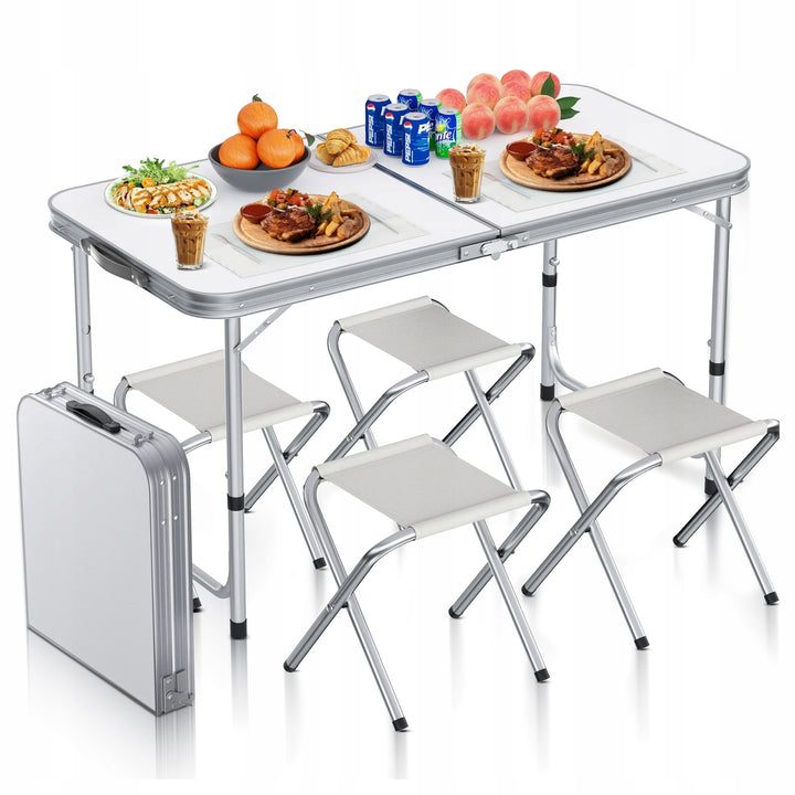 Set masa turistica pliabila si 4 scaune, Zola, pliere tip valiza, cadru aluminiu, picioare antiderapante, inaltime reglabila, dimenisuni 120 x 60 x 54/60/70 cm, 27 x 32.5 x 35.5 cm, greutate maxima suportata 80 kg, alb