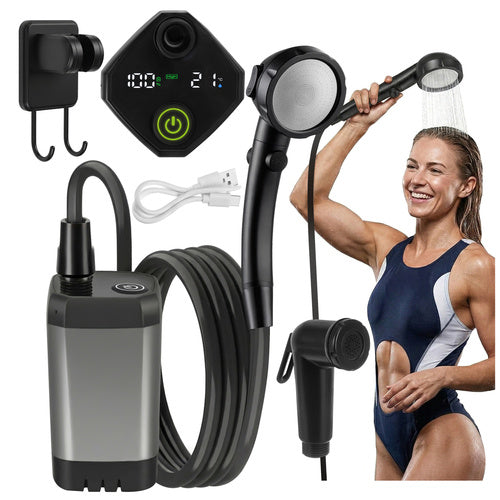 Dus portabil camping, Zola, baterie 6000 mAh, reincarcare USB-C, afisaj LCD, 2 moduri, furtun 2 m, cu ventuza si carlige, negru