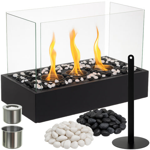 Semineu portabil cu sticla pe bioetanol cu pietre decorative, Zola, stil loft, rezervor 450 ml, 45 x 30 x 21 cm, interior/exterior, metal, negru