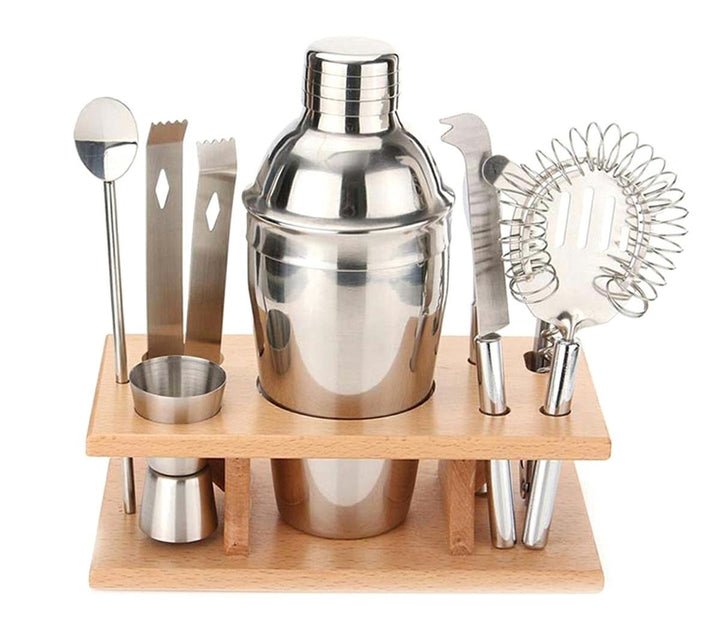 Set barman, UBX, 9 piese, inox si bambus, 21.5x11.2x7 cm, argintiu