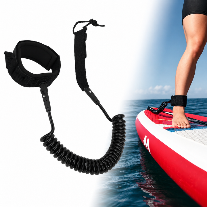 Cordon siguranta pentru placa SUP, Zola, leash reglabil pana la 3.3 m, anti-incurcare, prindere velcro si pivotanta, negru