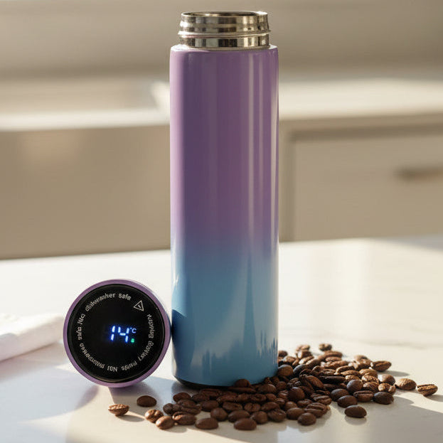 Termos smart, Zola, indicator de temperatura, afisaj LCD, 500 ml, otel inoxidabil, mov/albastru