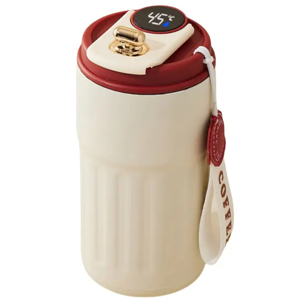 Cana termica cu afisaj LED, Zola, 460 ml, otel inoxidabil, inchidere etansa, pereti dubli, mentine temperatura cald-rece, capac plastic, maner confortabil, 16 x 7 cm, crem/rosu
