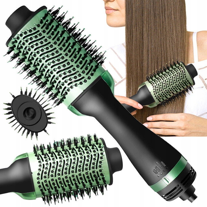 Uscator de par 4 in 1, Zola, pentru uscare, indreptare si volum, 2000W, 3 trepte temperatura, perie ovala, negru/verde
