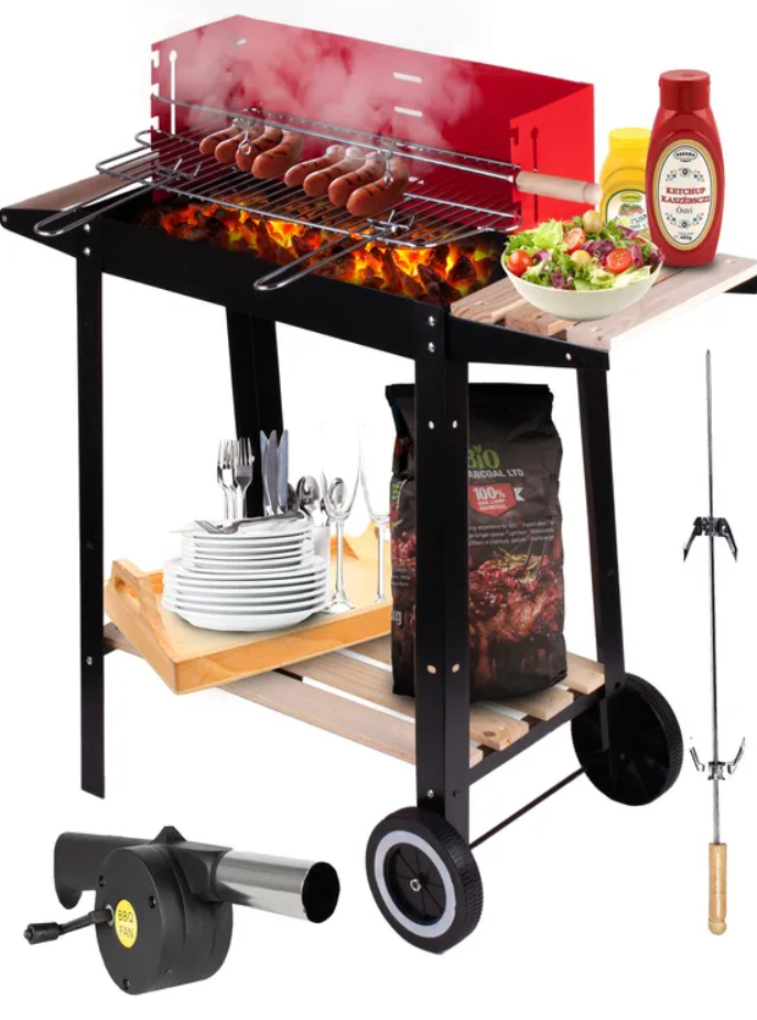 Gratar cu carbune pentru gradina, Zola®, portabil, din otel/lemn, cu roti, negru/rosu