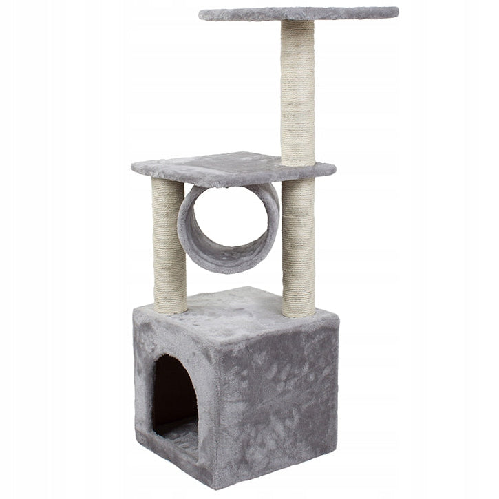 Ansamblu de joaca pentru pisici, Zola®, suport ascutit gheare, jucarie soricel, tunel de joaca, loc de dormit, 92 x 31 cm, gri