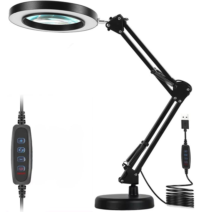 Lampa LED cu lupa si suport, Zola, lentila din sticla optica, marire x3, 12W, 3 nuante de lumina, reglare de intensitate, USB, 16 x 65 cm, neagra