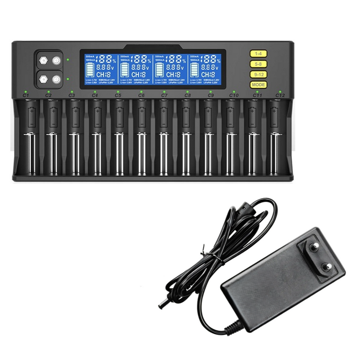 Incarcator baterii universal, Zola, 12 sloturi, pentru AA / AAA / 9V, afisaj LCD, negru