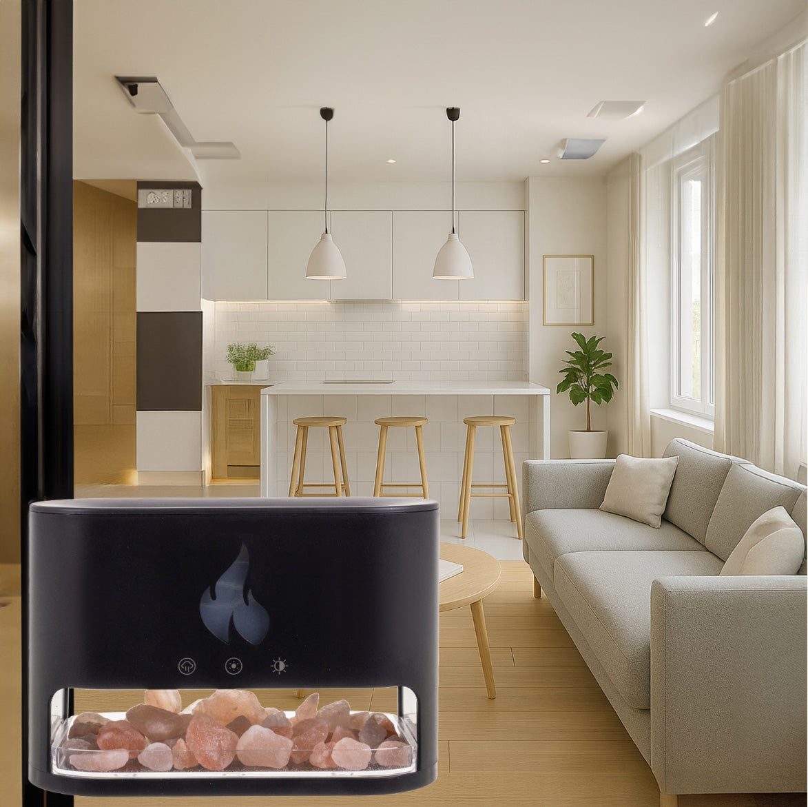 Difuzor aromaterapie efect semineu, Zola, 250 ml, 15-20 ml/h, 10 W, lumini LED, temporizator, USB, 13 x 8.5 x 19 cm, negru