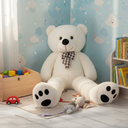 Ursulet de plus gigantic, Zola, 100 cm, funda carouri, corp flexibil, umplutura bumbac PP, poliester moale, crem