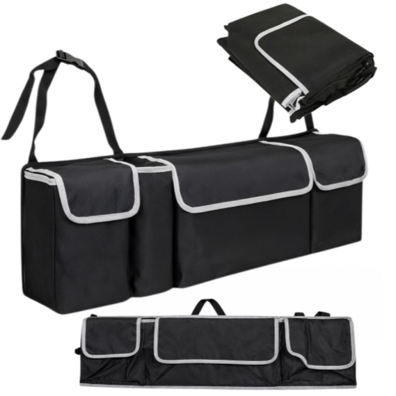 Organizator portbagaj auto, Zola, 4 compartimente, curele reglabile, fixare bancheta, 90 x 25 cm, negru/gri