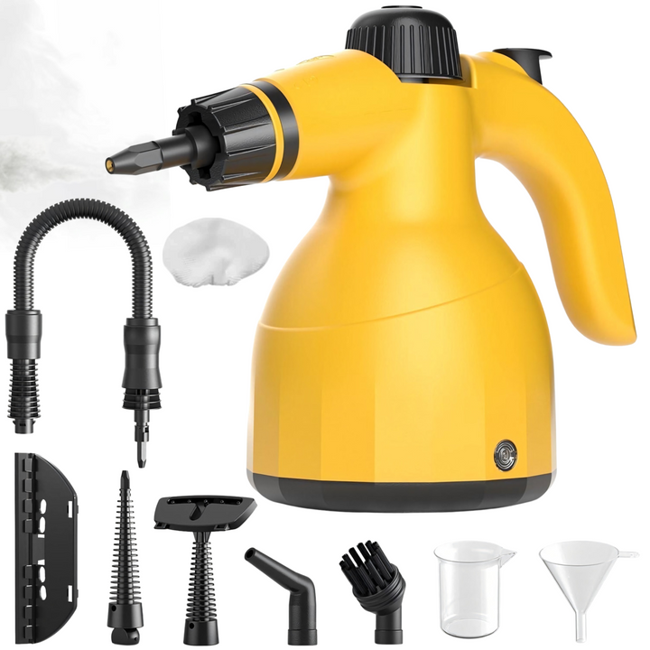 Aparat manual de curatat cu abur, Zola, 1000 W, 3 bar, 110°C, 6 duze, recipient gradat, palnie, galben