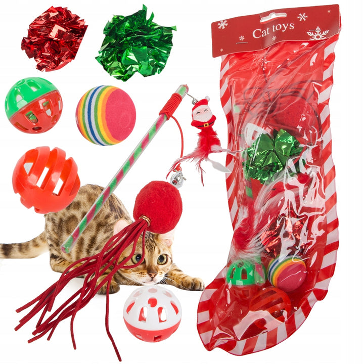 Set 9 jucarii cadou de Craciun pentru pisica, Zola, 5 mingii, Mos Craciun, 2 funde, bat colorat, multicolor