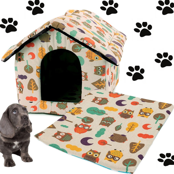 Patut pentru caini si pisici de talie mica, Zola, in forma de casuta, marimea XL, model bufnite, 41 x 37.5 x 43 cm, multicolor