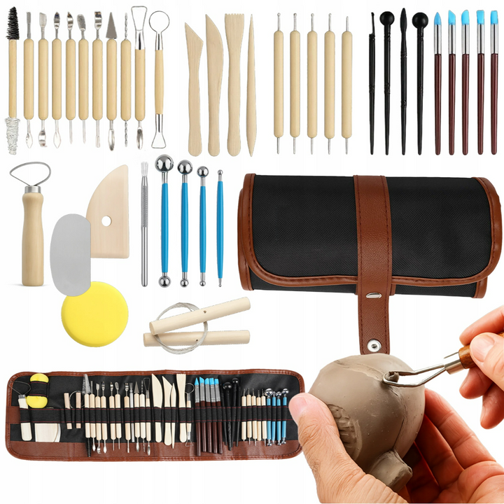 Set instrumente pentru modelat si sculptat in lut, Zola, 40 ustensile, plastic, lemn si otel, husa depozitare, 58 x 22 cm