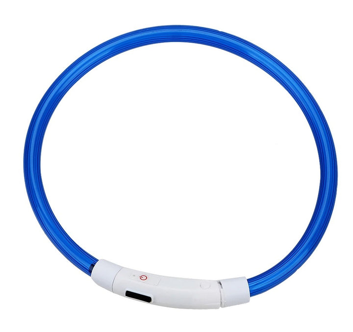 Zgarda cu LED, Zola®, pentru caini/pisici, incarcare prin USB, 3 moduri de iluminare,  din cauciuc, rezistenta la apa, lungime 55 cm, abilitatea de a se scurta, albastra