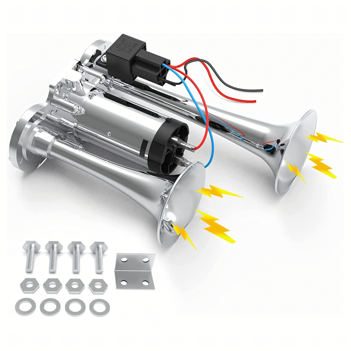 Claxon electric 2 goarne cu compresor, Zola, 12V, 600 dB, universal, zinc cromat, aluminiu, 21.5 × 15 cm
