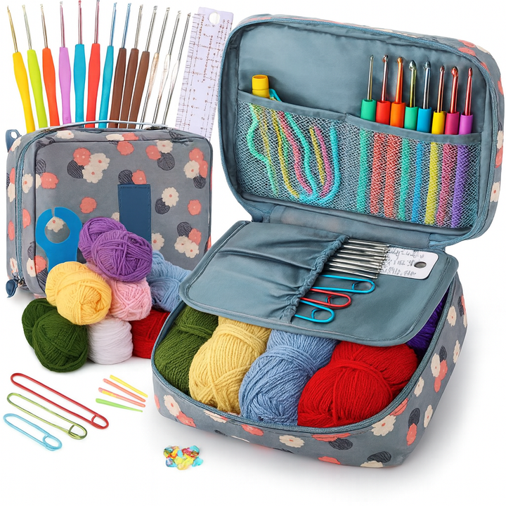 Set 58 piese de crosetat, Zola, 21 crosete, 5 ghemuri fire, ace diferite modele, rigla croitorie, foarfece, geanta depozitare, gri