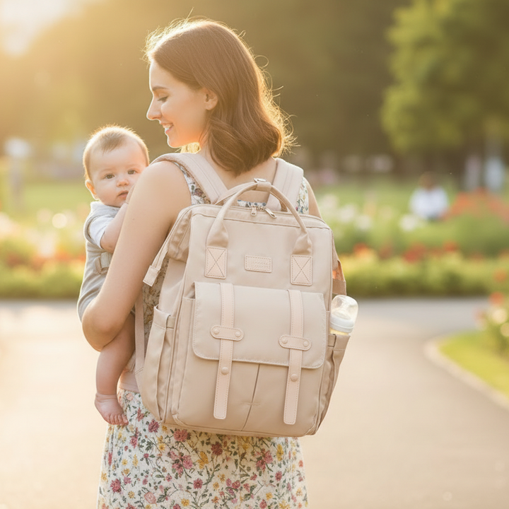Rucsac multifunctional pentru scutece bebelusi, Zola, buzunare multiple, inchidere fermoar, 40 x 30 x 15 cm, bej