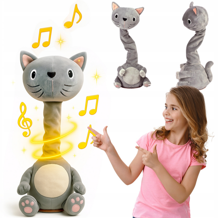Pisica interactiva de plus, Zola, imita, 20 de melodii si efecte sonore, volum reglabil, 38 × 22 × 15 cm, gri