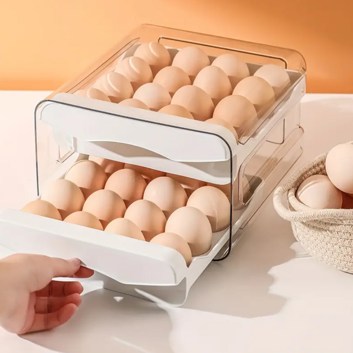 Recipient pentru oua, Zola®, capacitate 32 locuri, cu 2 sertare, 4 randuri, forma dicificla pentru spargerea lor, din plastic, 22.5x21.5x14 cm, alb