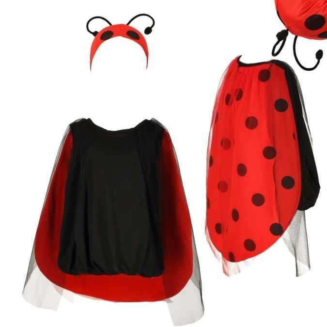 Costum buburuza fetite, Zola, 100–110 cm, 2 piese, pelerina cu aripi si palarie cu antene