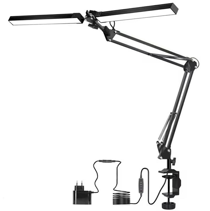 Lampa de birou LED, Zola, 2 surse de iluminare cu brate oscilante reglabile, reglare a culorii in 3 game, 3200-6000K, 10 moduri de iluminare, suport de fixare pe blat pana la 55 mm, 110 x 73 cm, neagra