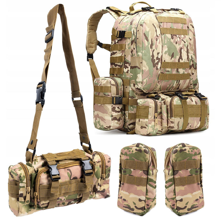 Rucsac militar 2in1, Zola, capacitate 50 l,  2 compartimente pricipale, compartiment frontal stil borseta si laterale detasabile, bretele si centrura de sold reglabile, fermoar dublu, impermeabil, poliester 600D, 50 x 50 x 30 cm, model army, verde