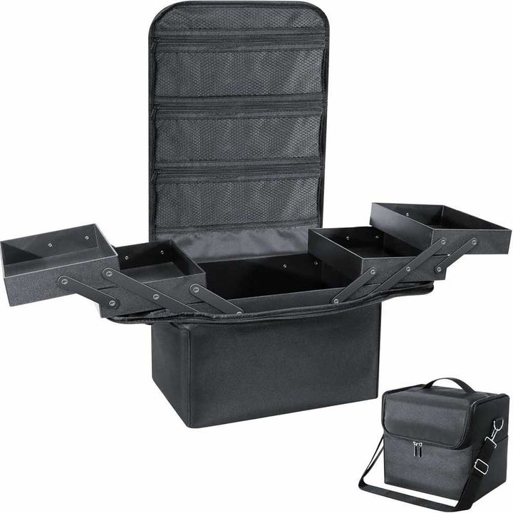 Geanta organizatoare cosmetice, Zola, 4 compartimente extensibile, 3 buzunare cu fermoar, curea transport, impermeabila, 25.5 x 28 x 21 cm, neagra