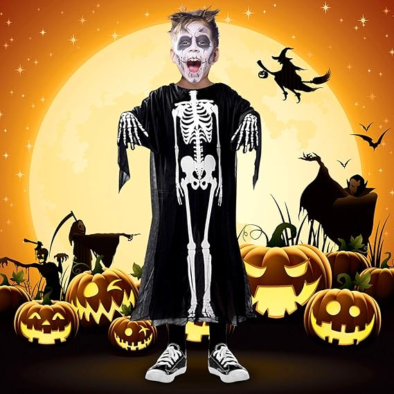 Costum de Halloween pentru copii, Zola, pelerina schelet cu gluga, lungime 90 cm, Universal