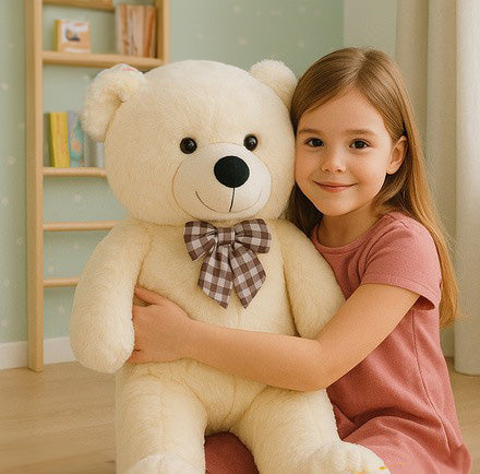 Ursulet de plus gigantic, Zola, 100 cm, funda carouri, corp flexibil, umplutura bumbac PP, poliester moale, crem