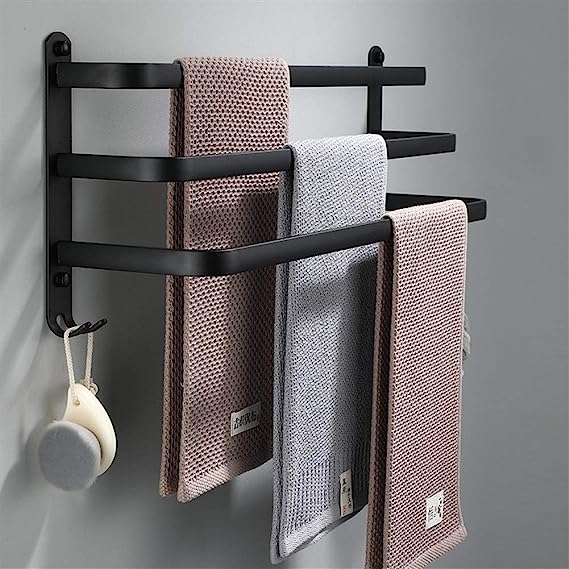 Suport de perete pentru prosoape, Zola®, otel inoxidabil, 3 brate, 50x15x24.5 cm, negru