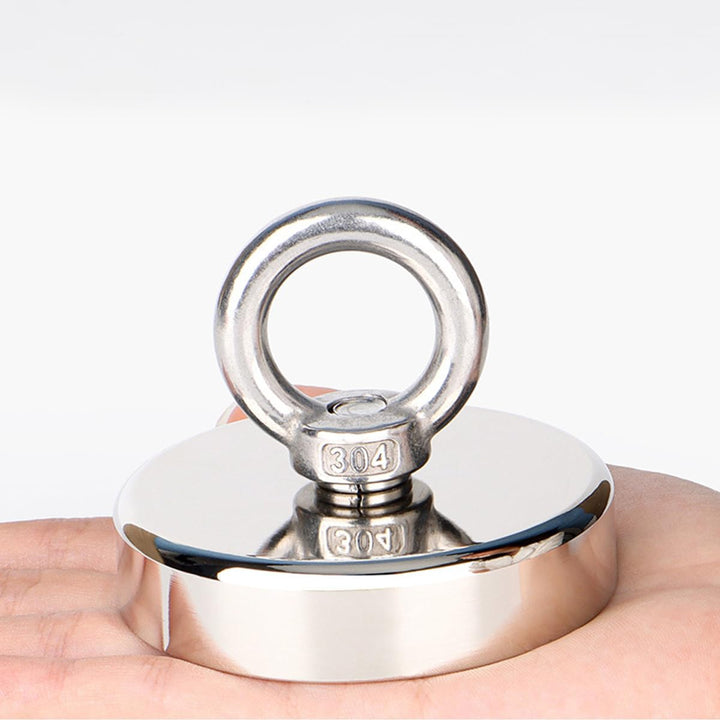 Magnet puternic pentru pescuit cu inel, Zola, neodim, forta de tractiune 200 kg, diametru 7.5 cm, ideal pentru cautari subacvatice, argintiu