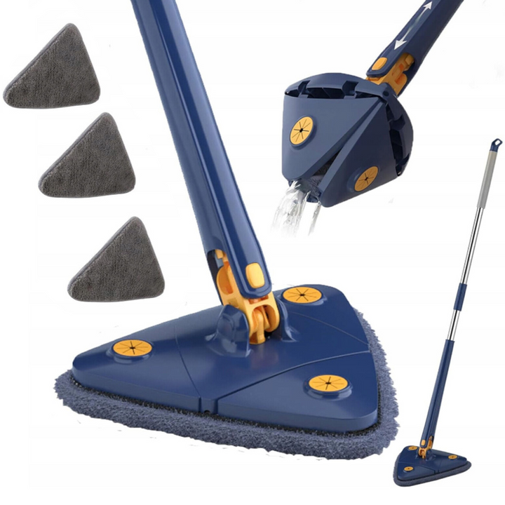 Mop multifunctional triunghiular, Zola, rotativ 360°, stoarcere automata, maner reglabil 65-110 cm, 3 lavete microfibra, 25 x 25 x 25 cm, bleumarin