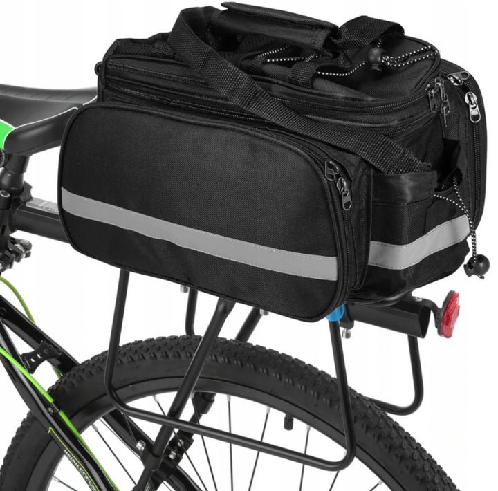 Geanta pentru bicicleta, Zola®, prindere pe portbagaj/Extensie si bretea, neagra cu dungi reflectorizante, bretele reglabile