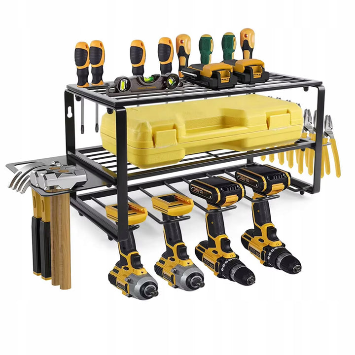 Organizator de perete pentru scule electrice si unelte, Zola, 3 rafturi principale, 2 suporturi laterale, 60 x 19.5 x 20.5 cm, negru