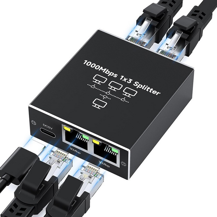 Splitter retea Ethernet, Zola, 3 porturi RJ45, 1 Gb/s, FTP, compatibil Cat5e/Cat6/Cat7/Cat8, alimentare USB, negru