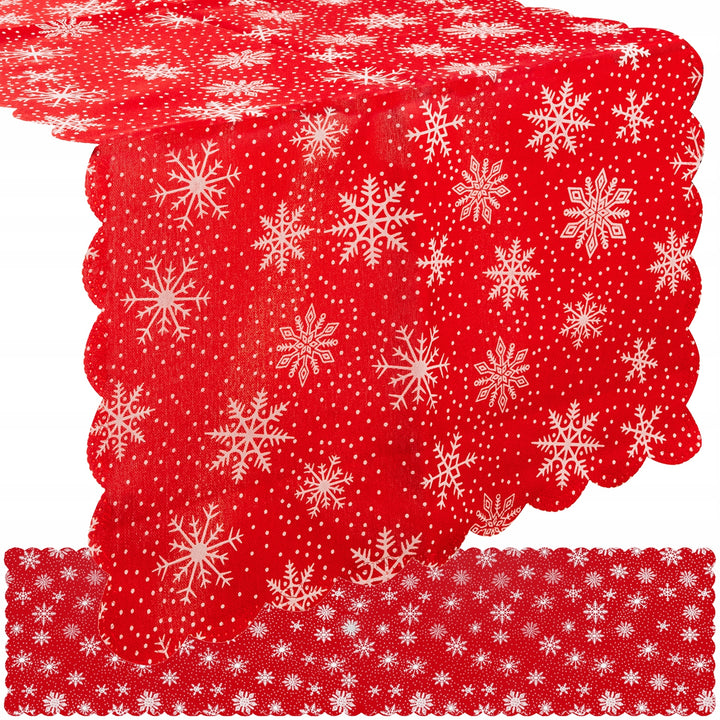 Napron decorativ pentru sarbatori, Zola®,  rosie cu fulgi de nea, 180 x 35 cm