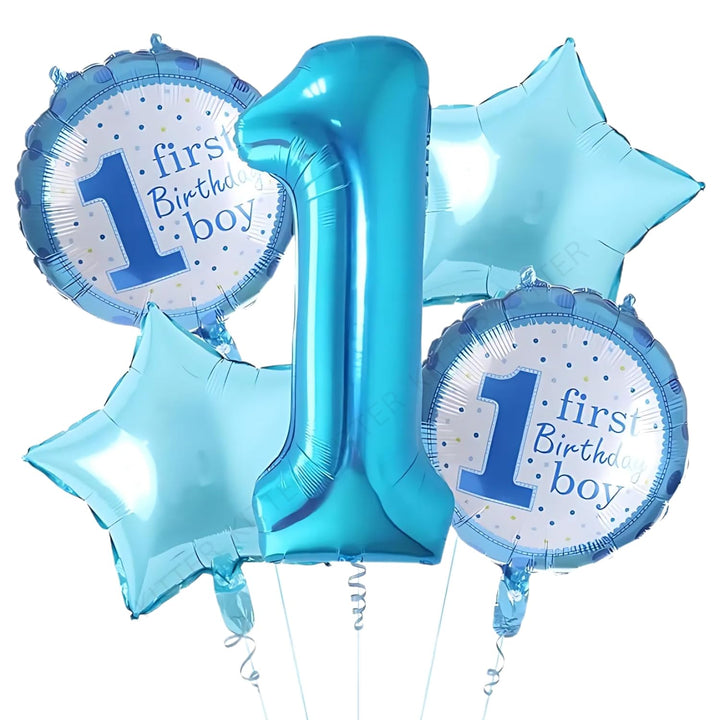 Set 5 baloane aniversare, Zola, " First birthday boy", diferite marimi, albastru