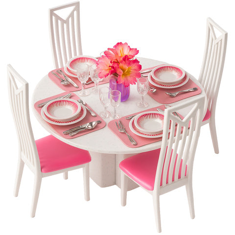 Set mobilier pentru papusi, Zola, masuta, 4 scaune, tacamuri, plastic, alb/roz
