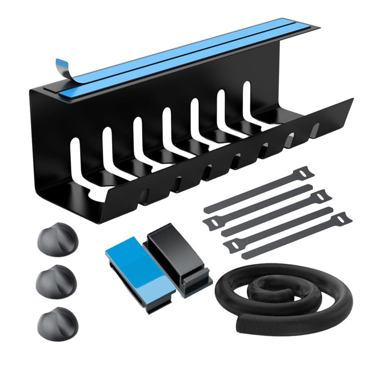 Organizator pentru cabluri si prelungitoare, Zola, autoadeziv, prindere sub birou, protectie cablu 60 cm, coliere si cleme organizare incluse, otel, 43 x 12 x 12 cm, negru