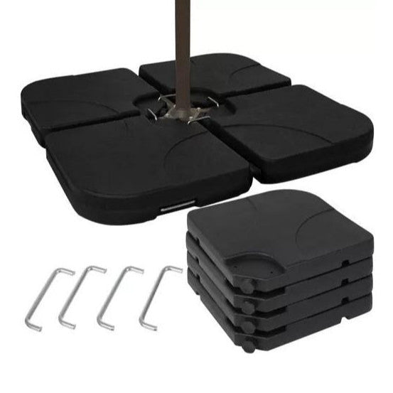 Baza patrata pentru umbrela de gradina, Zola, 4 elemente umplere apa, nisip sau ciment, capacitate 60 l, dimensiuni totale 104x104x8 cm, material HDPE, fier, cauciuc, negru
