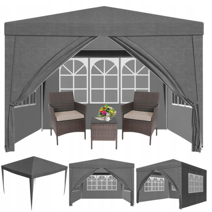 Pavilion gradina cu pereti detasabili, Zola, 3 x 3 x 2.45 m, 3 ferestre, usa cu fermoar, prindere velcro, cadru otel, polietilena 100 g/m², gri