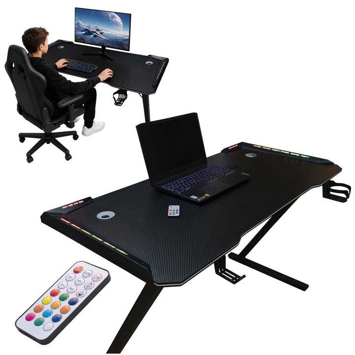 Birou gaming, Zola, 120 x 60 cm, iluminare LED RGB cu telecomanda, suport pahar si casti, 2 orificii pentru cabluri, 70 kg, negru