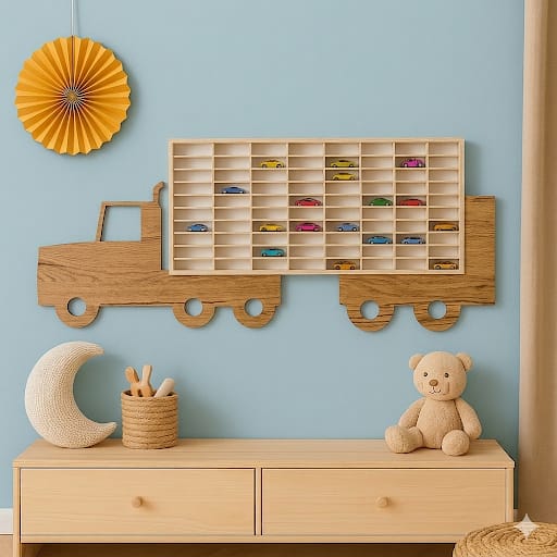 Raft organizator Montessori din lemn , Zola®, model camion, pentru colectionarii de masini, 80 compartimente, 79 x 40 x 4 cm