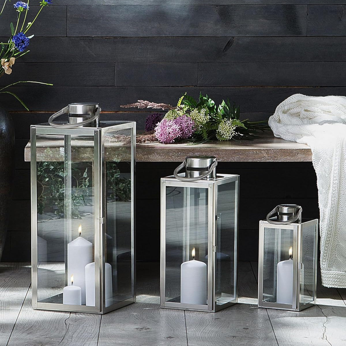 Set 3 felinare decorative din sticla, Zola,  dimensiuni diferite 63 / 49 / 38 cm, otel inoxidabil, argintii