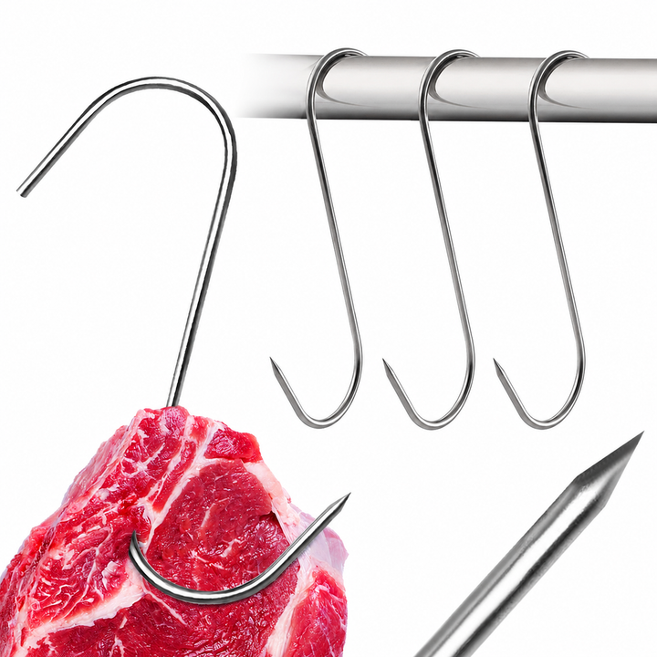 Set 3 carlige tip S, UBX®, pentru suspendat carnea, lungime 12 cm, argintiu