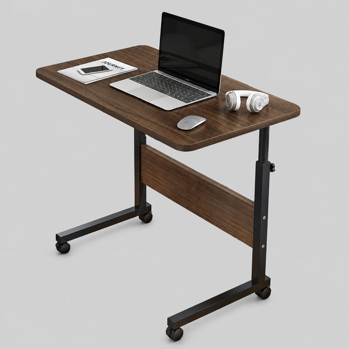 Birou mobil pentru laptop, Zola, inaltime reglabila, roti pivotante, mecanism blocare, cadru metalic, MDF,  80 x 40 x 66.5-87 cm, alb/maro inchis